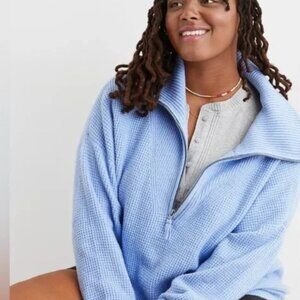 Aerie CozyUp Waffle Quarter Zip Pullover Sweater Blue Size L